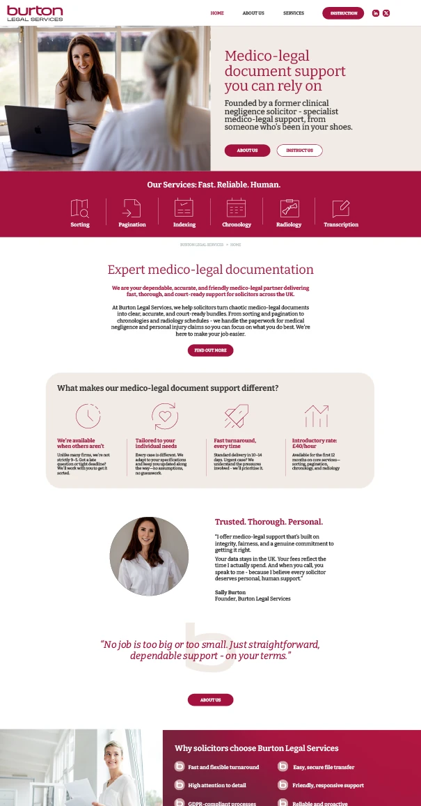 Homepage of Burton Legal Services featuring founder-led service model
