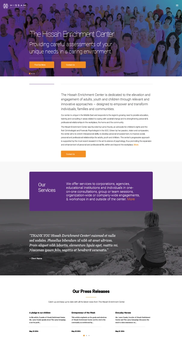 Homepage design for Hissah Enrichment Center showing diverse community and headline