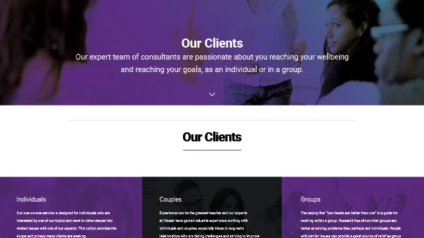 Section design showing therapy services for individuals, couples, and groups