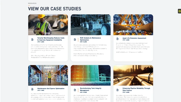 Web layout showcasing downloadable brochures for energy asset management and integrity services