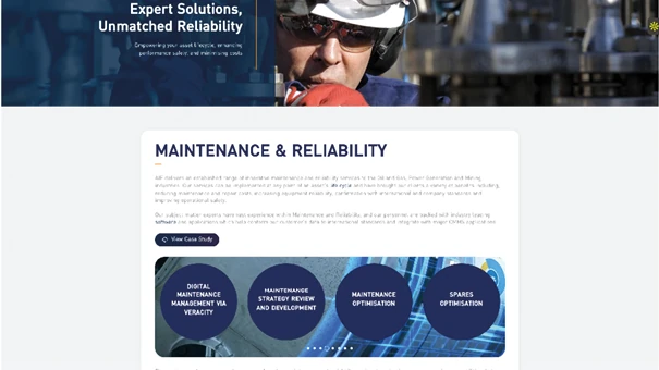 Web page showcasing industrial asset integrity operations with technical field imagery