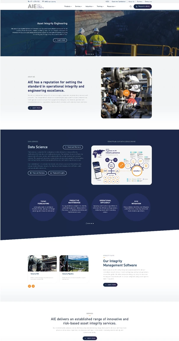 Homepage web design for Asset Integrity Engineering showing mining industry banner and strategic call to action