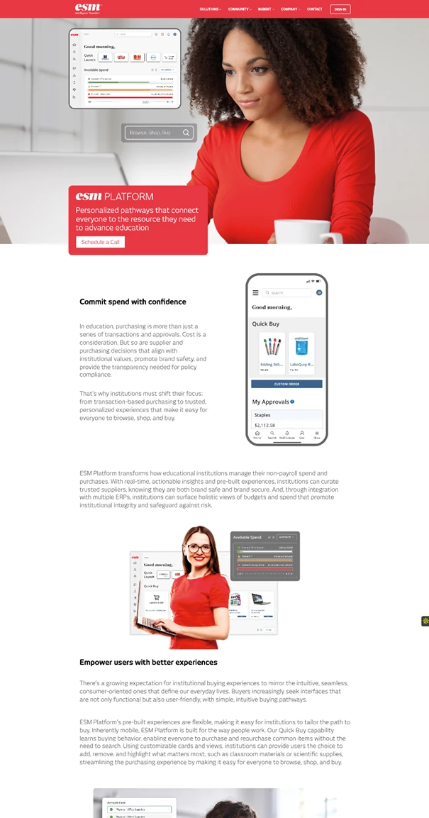 Modern web design for EdTech platform ESM Solutions with enhanced user journey and procurement focus
