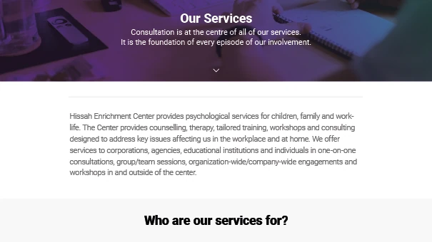 Services section design for Hissah Enrichment Center website featuring purple call- to-action