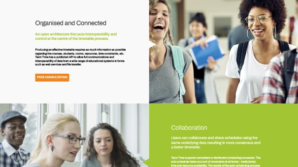 Students and consultants featured alongside collaboration benefits on Semestry site