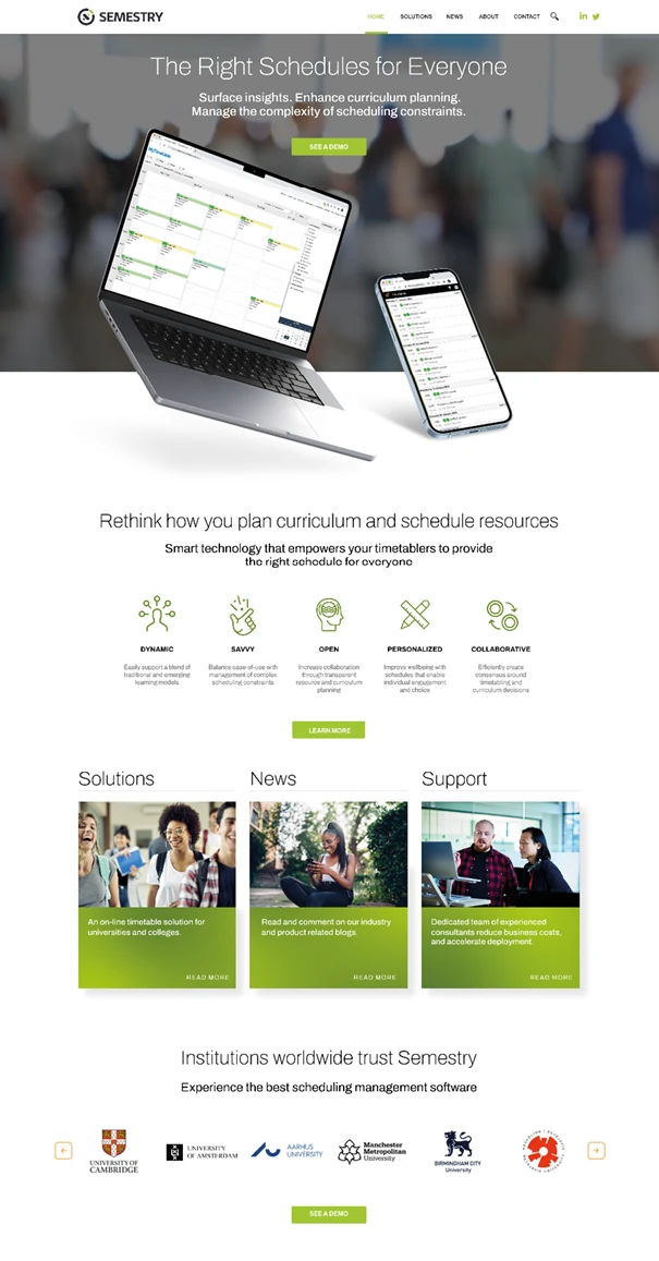Responsive B2B website design for Semestry education software homepage on laptop and mobile