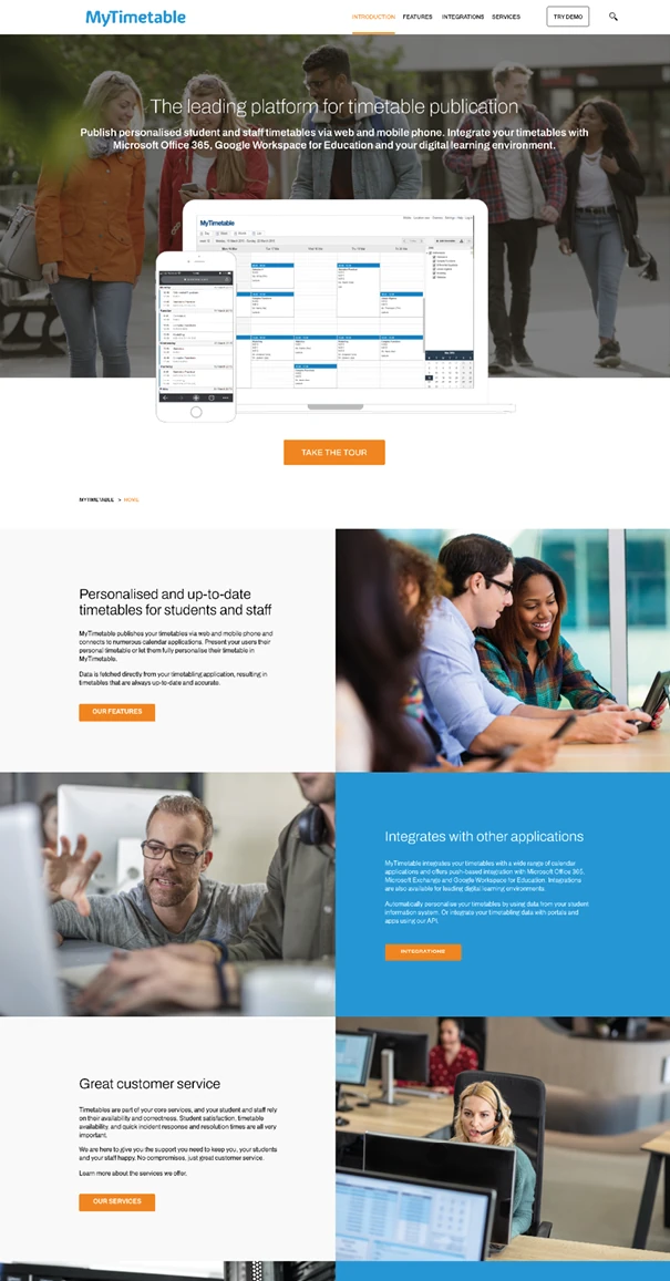 MyTimetable homepage showing responsive web and mobile student scheduling platform