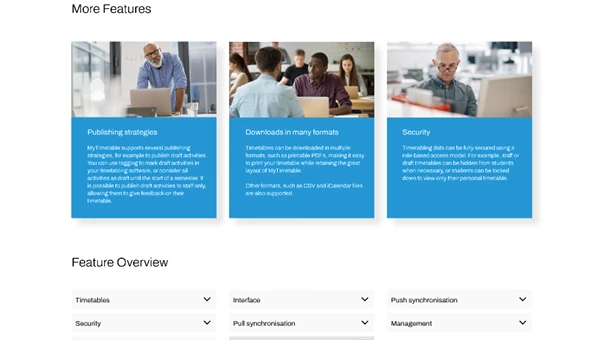 Web interface highlighting MyTimetable’s security, publishing strategies, and data export options