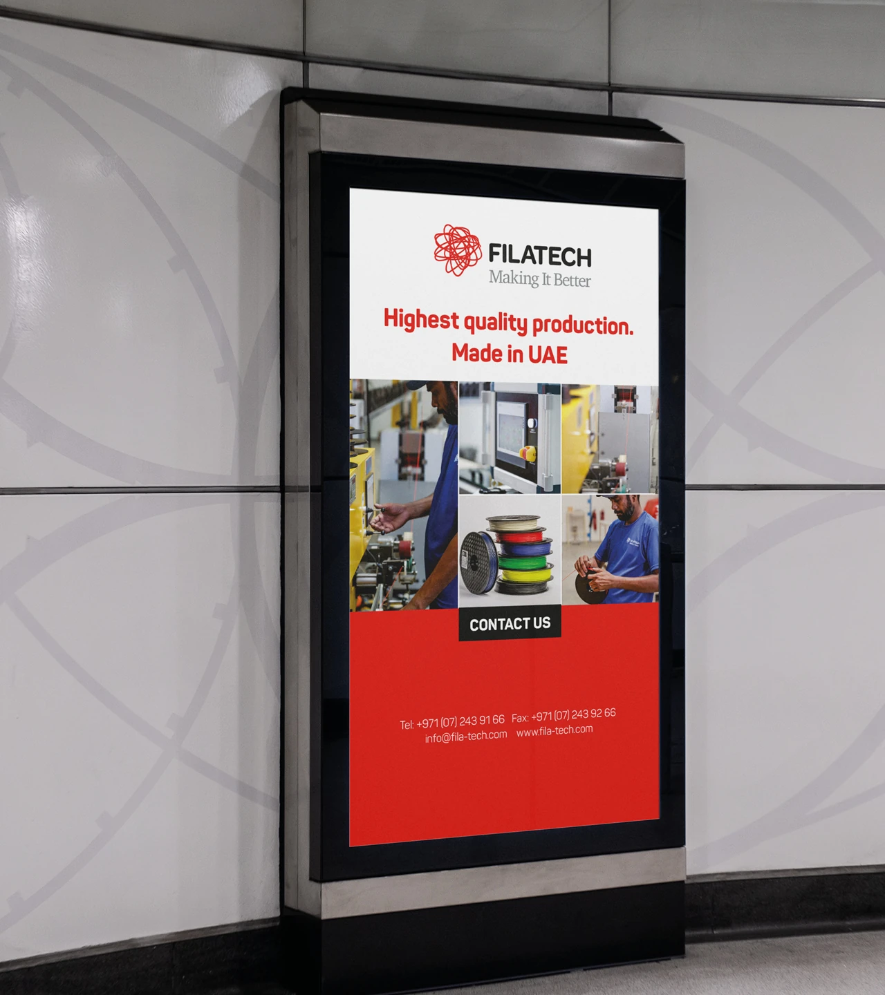 Filatech 3D printing promotional display showing Made in UAE messaging