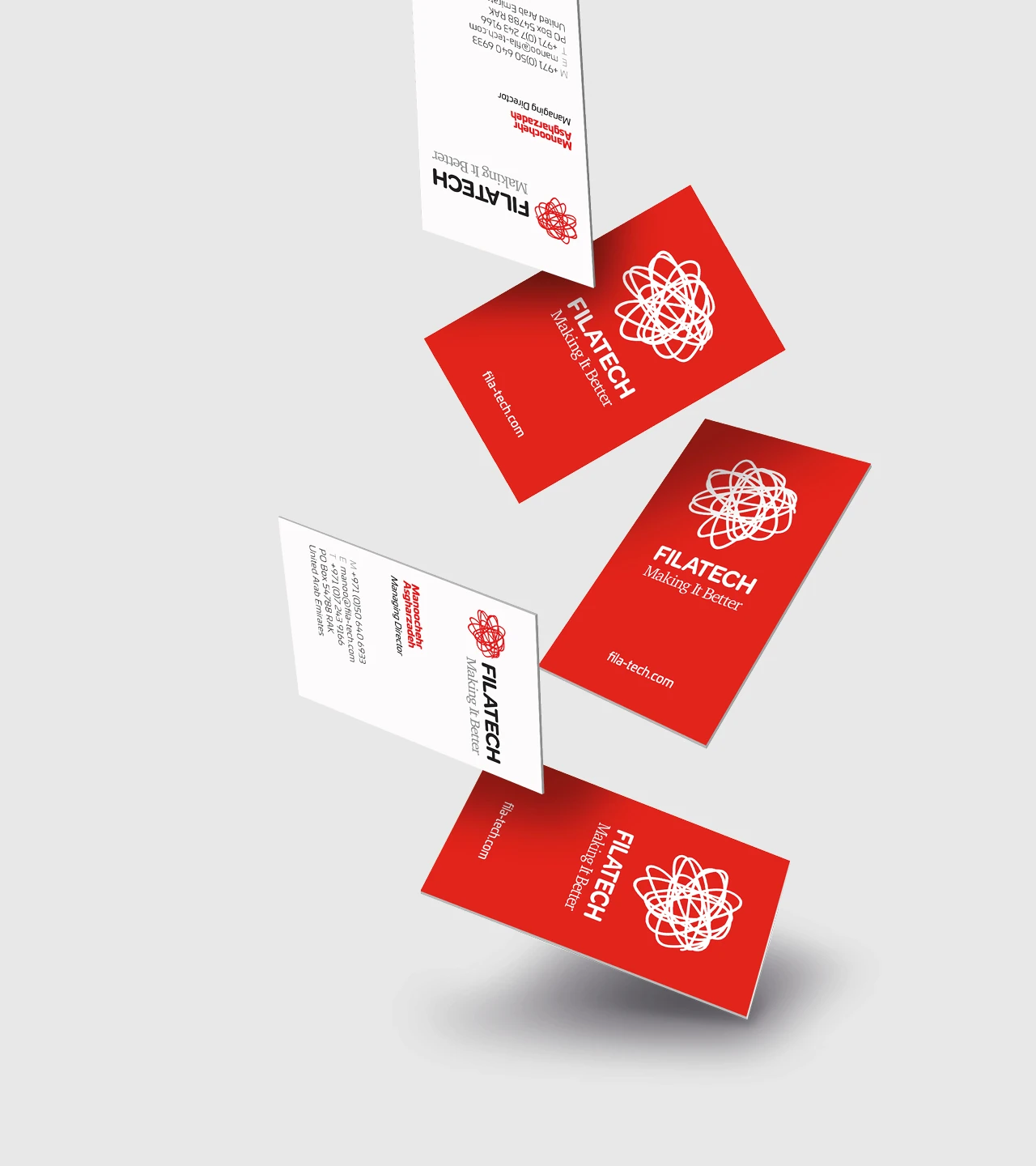 Filatech business card design mockup in red and white