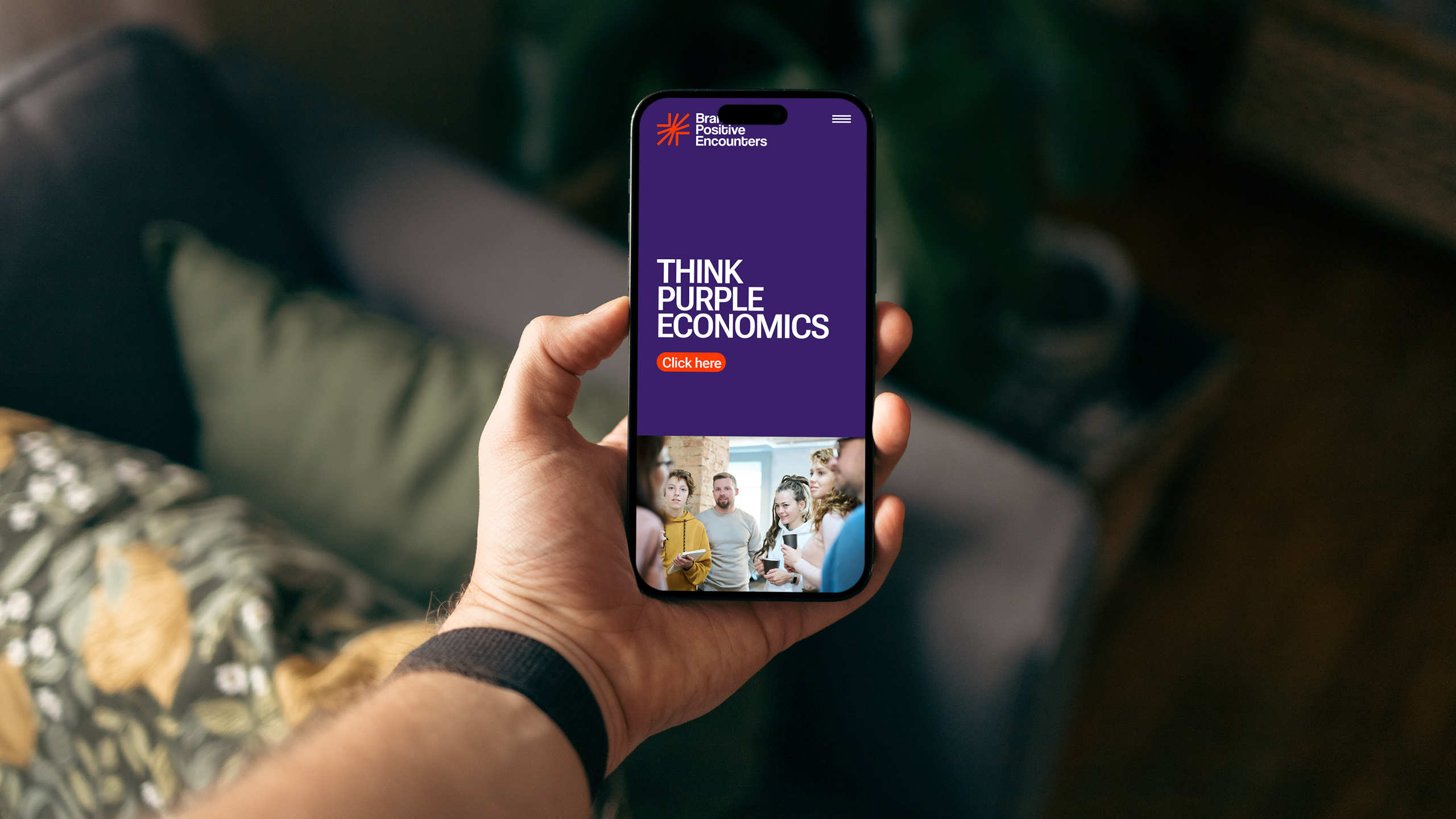 Brand Positive Encounters mobile website design with accessible purple interface