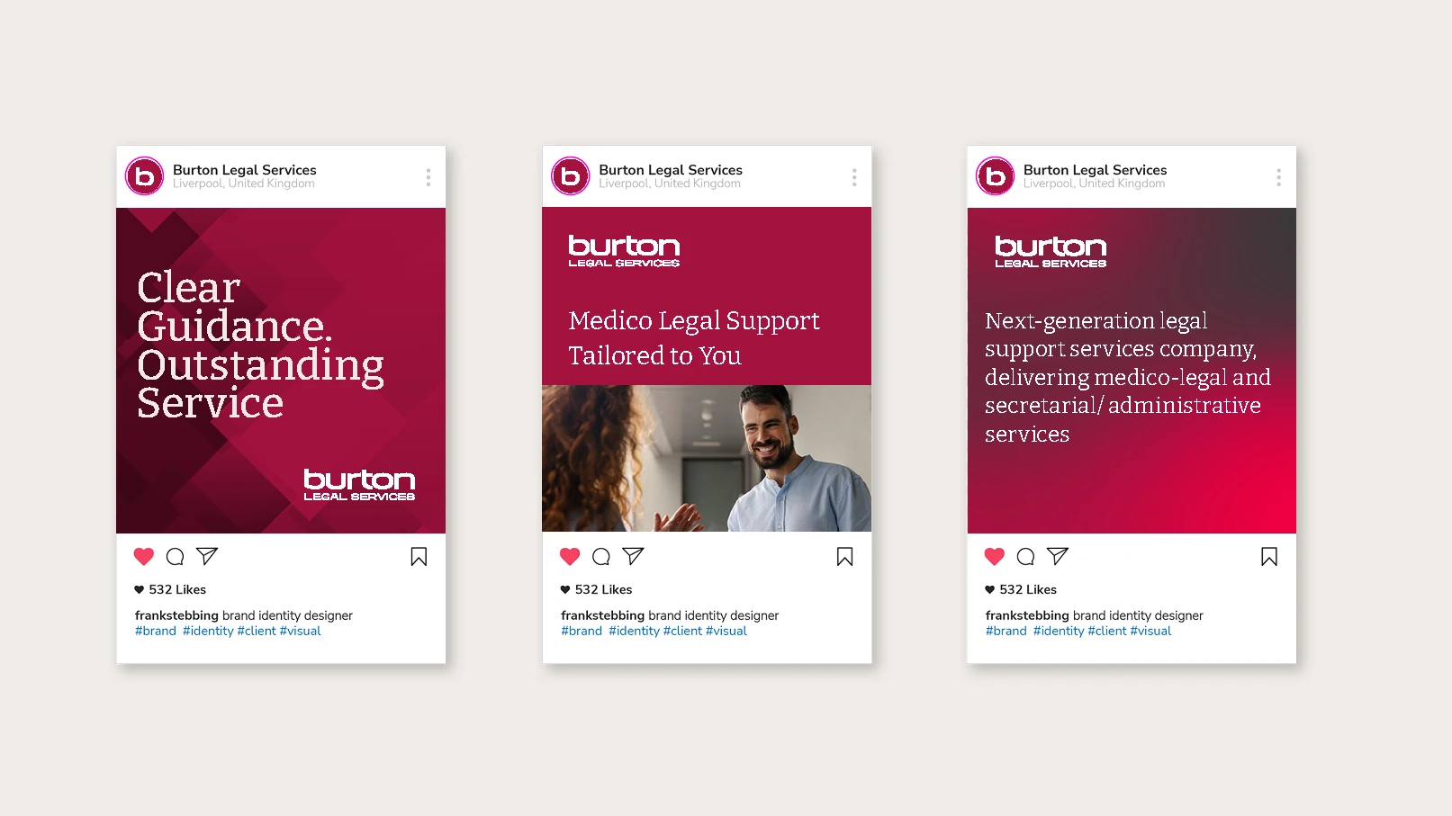 Instagram post designs for Burton Legal Services brand campaign