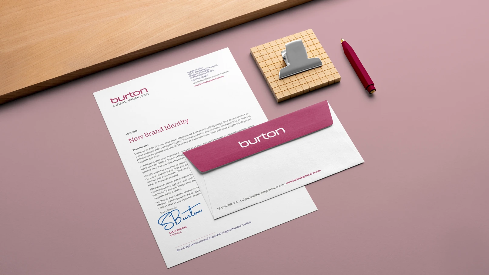 Burton Legal Services stationery set including envelope and letterhead