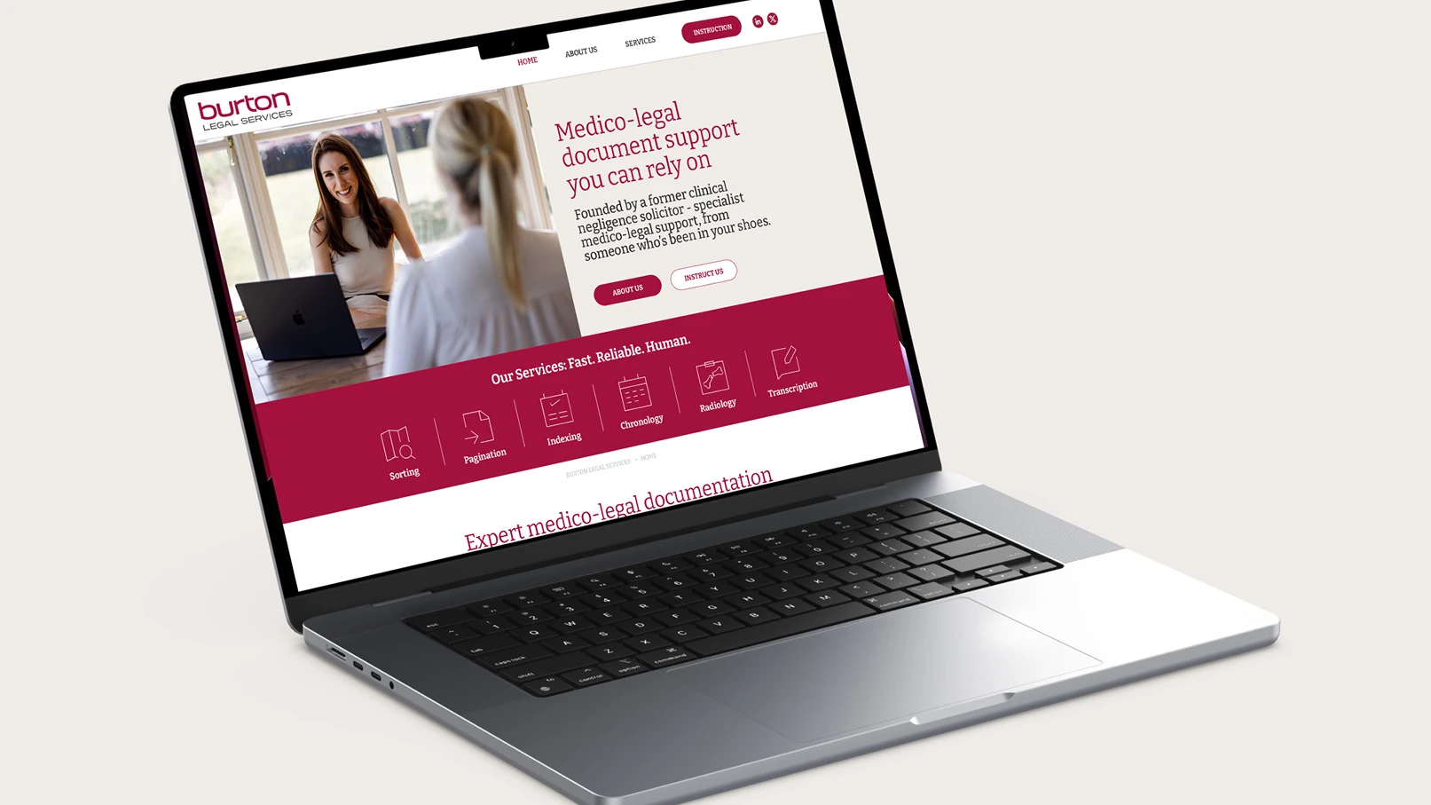 Website homepage design for Burton Legal Services medico-legal support firm