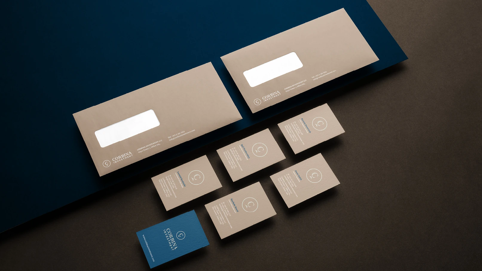 Corbina Investment branded envelope design with window panel