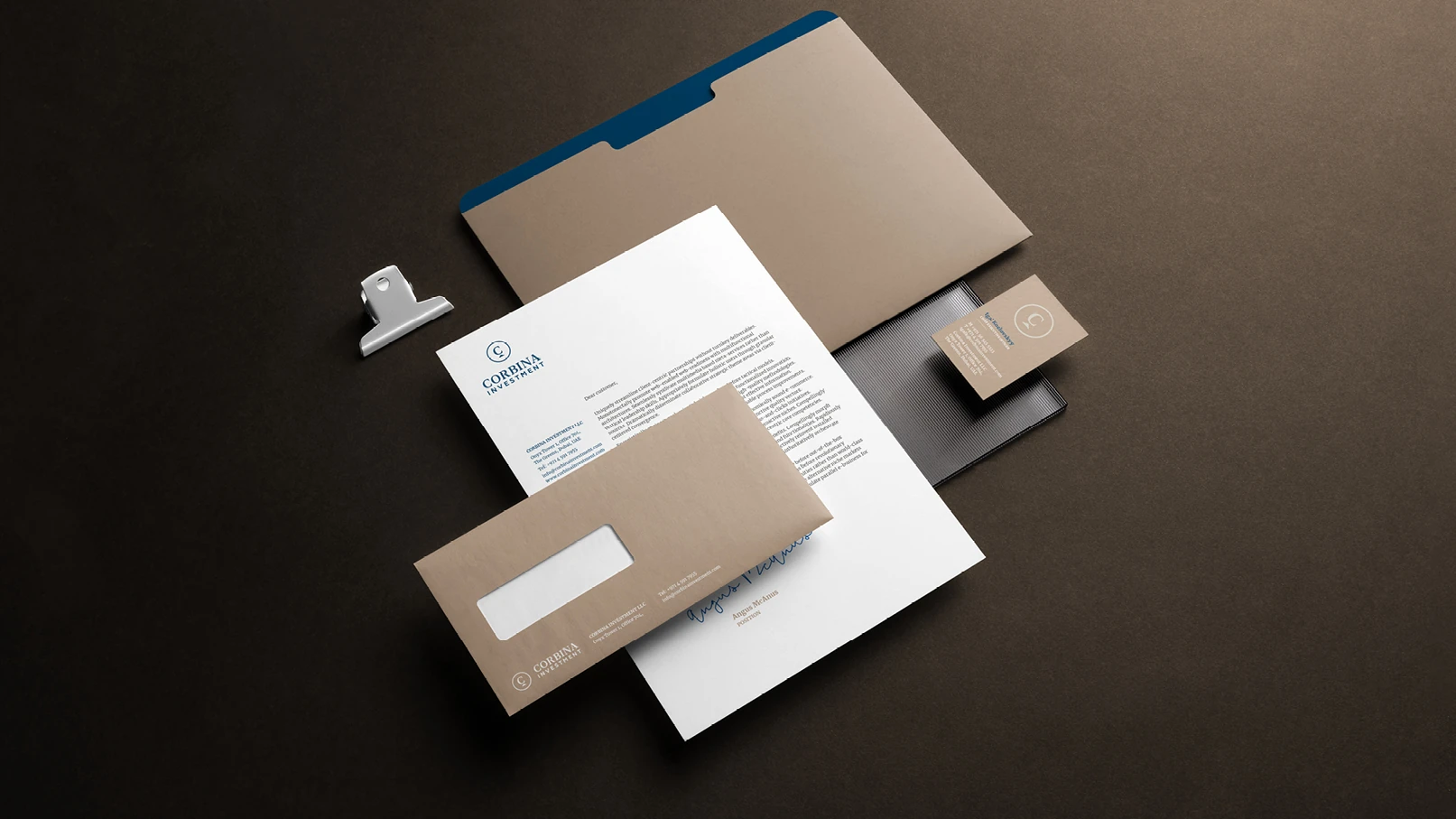 Corbina Investment letterhead and branded envelope design