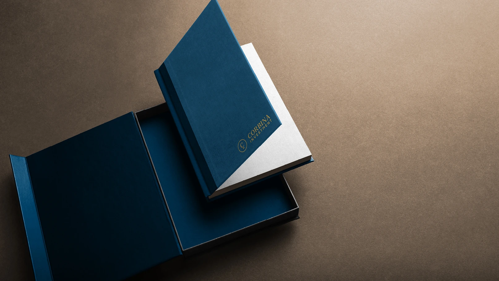 Corbina Investment branded presentation box with luxury book design