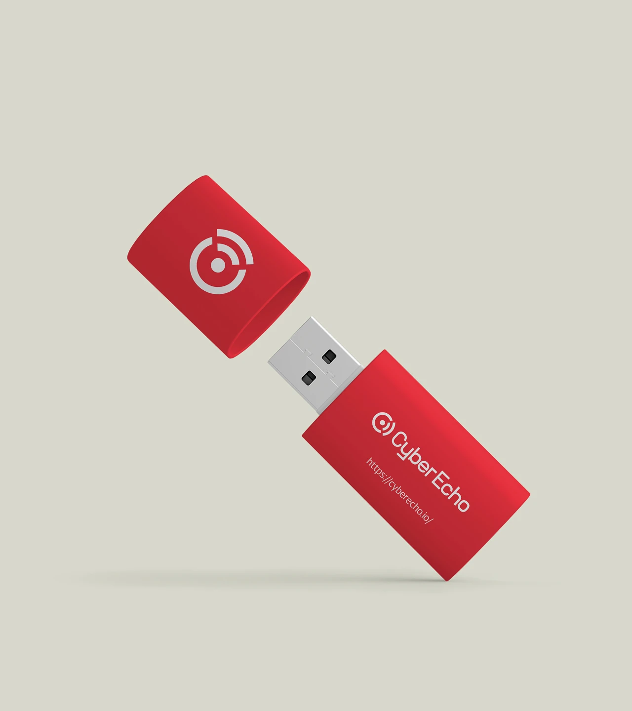 CyberEcho cyber security branded USB device featuring logo and corporate red finish.