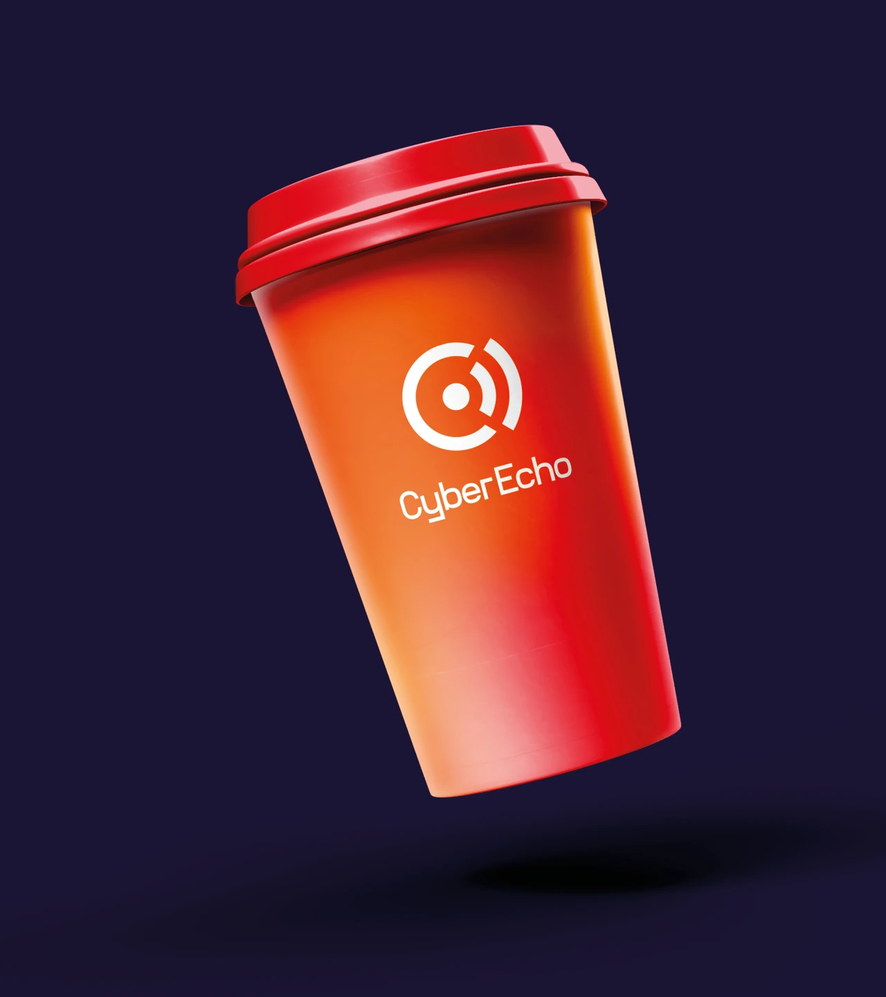 CyberEcho cyber security brand identity applied to takeaway coffee cup with bold gradient design.clean typography.
