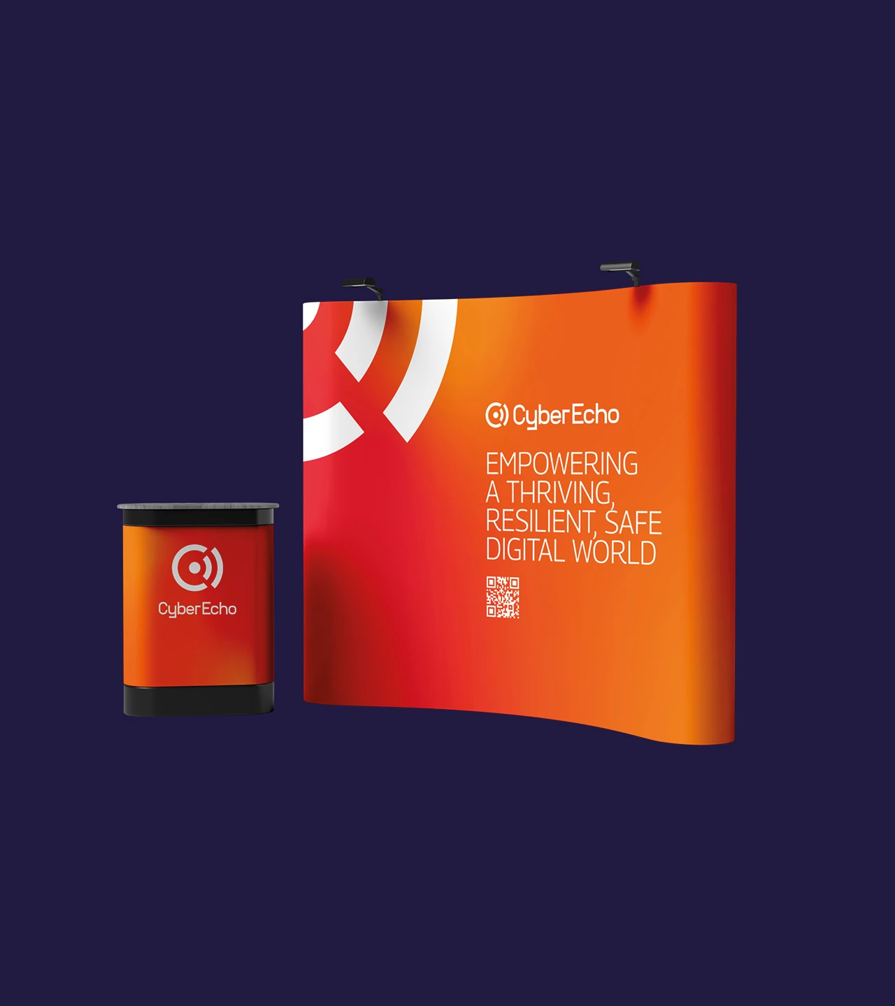 CyberEcho cyber security exhibition stand design featuring bold gradient branding and corporate messaging.