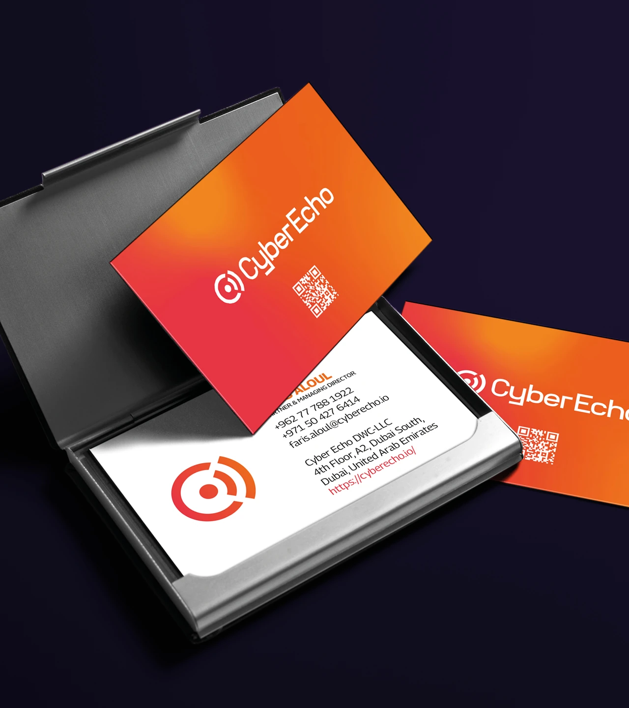 CyberEcho cyber security business card design featuring bold gradient front and clean corporate layout.