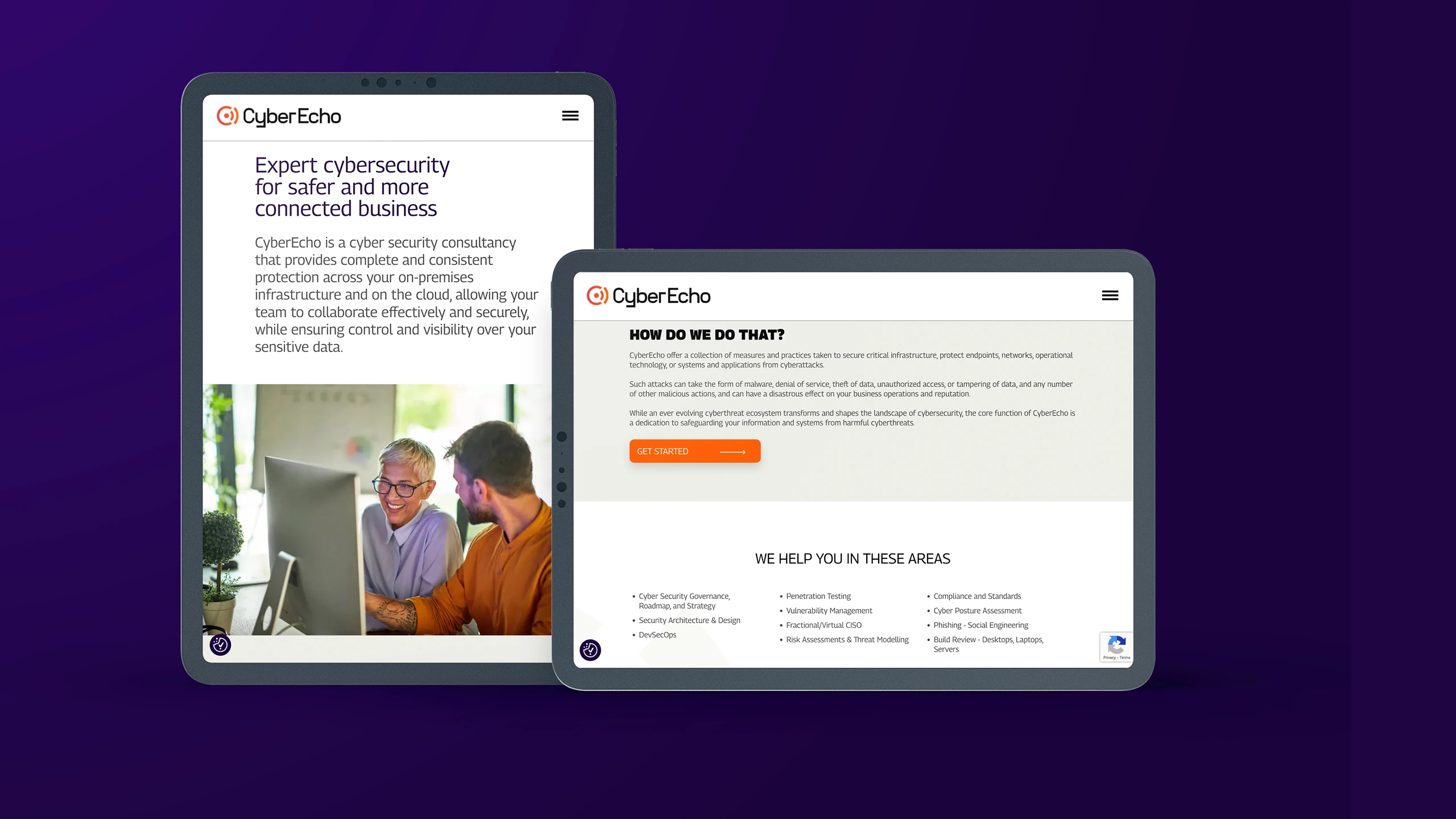 CyberEcho cyber security services website pages displayed on tablet devices, showcasing structured UX and professional branding.