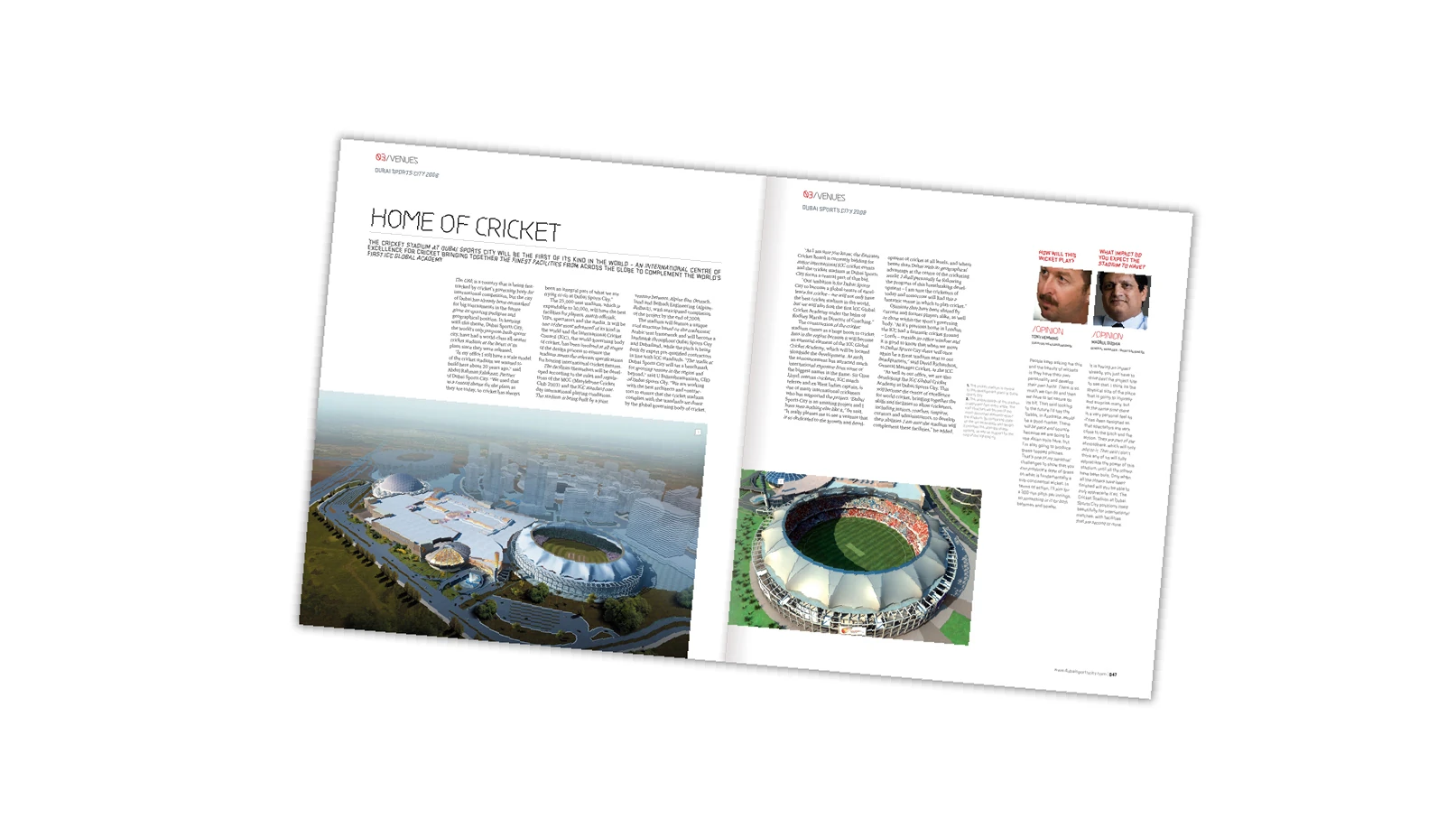 Dubai Sports City cricket stadium feature spread in corporate brochure