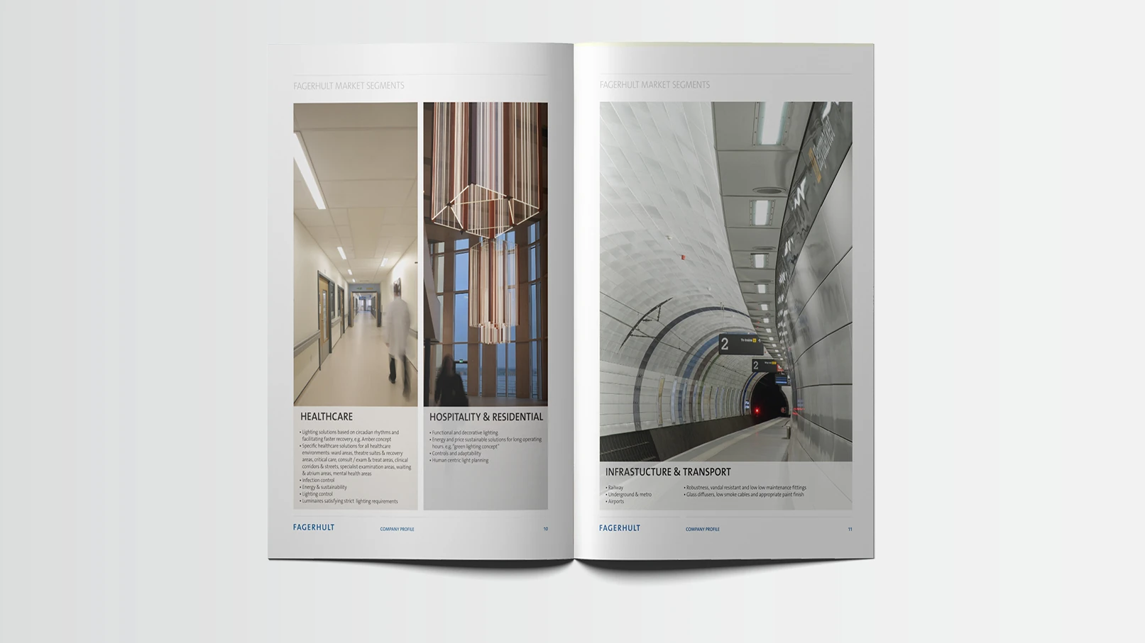 Fagerhult healthcare and hospitality lighting brochure spread
