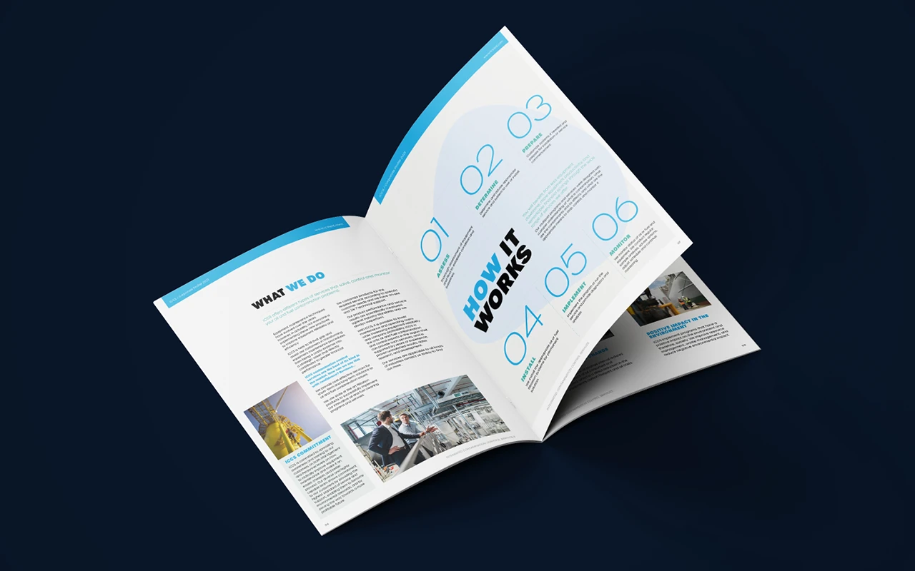 ICCS corporate brochure spread designed as part of the contamination control brand identity project