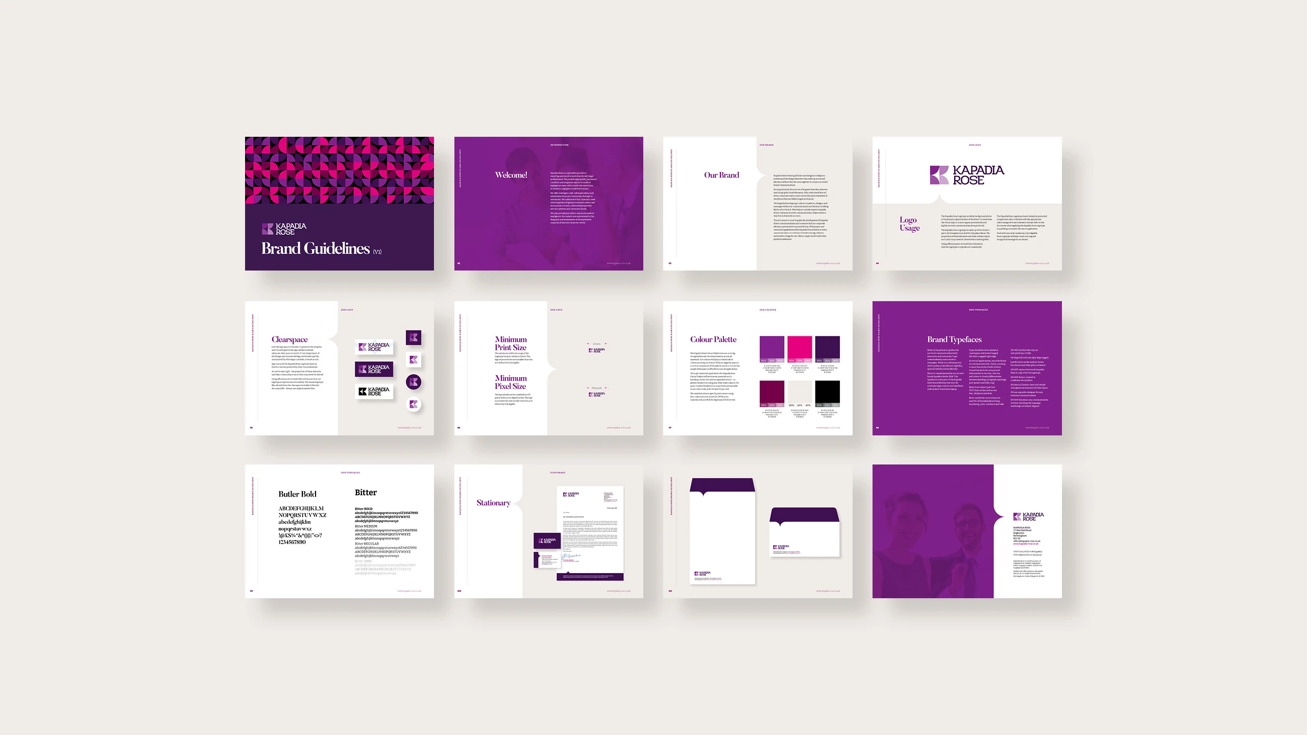 Multiple spreads from the Kapadia Rose brand guidelines document.