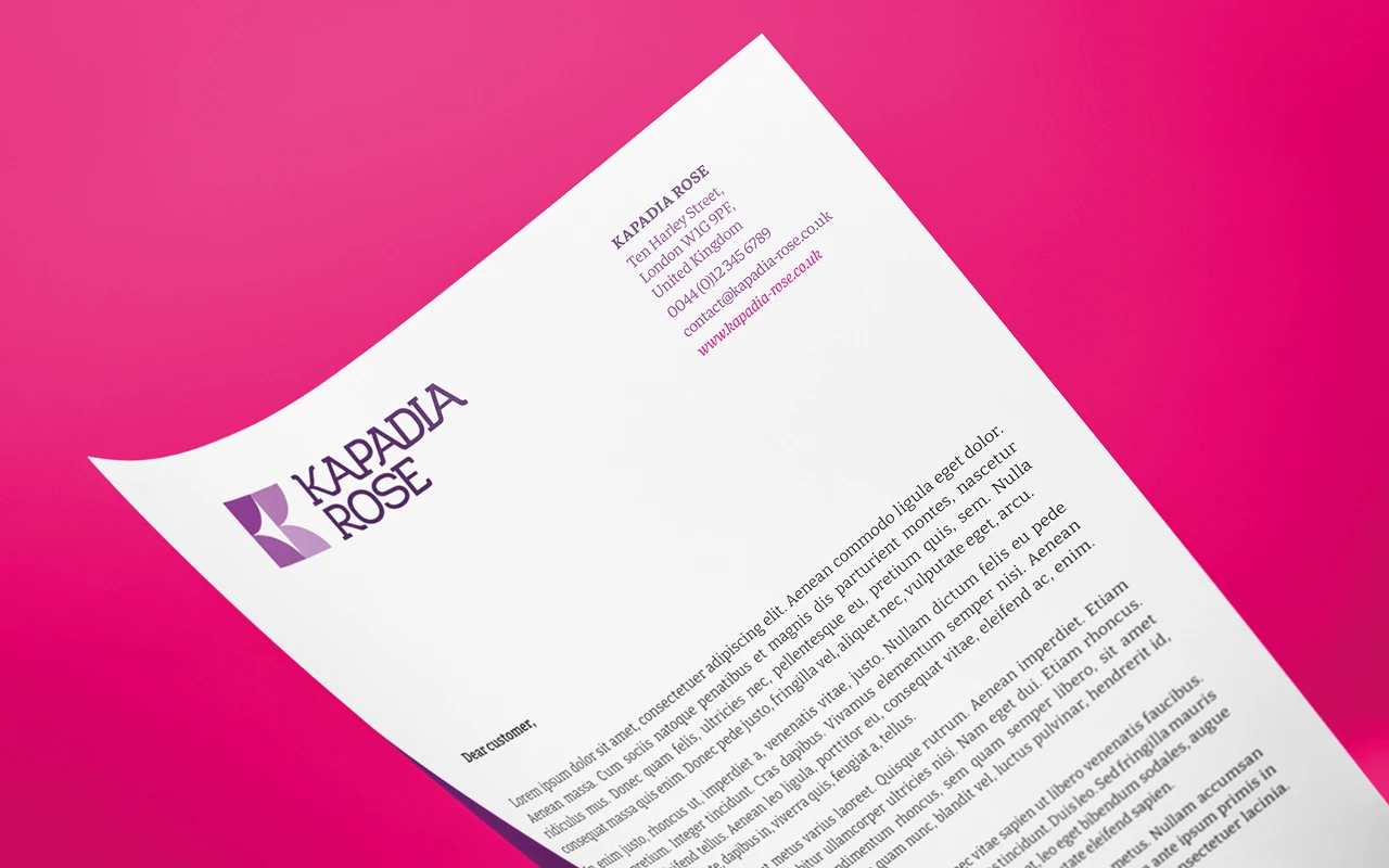 Kapadia Rose branded letterhead mockup showing logo and typography