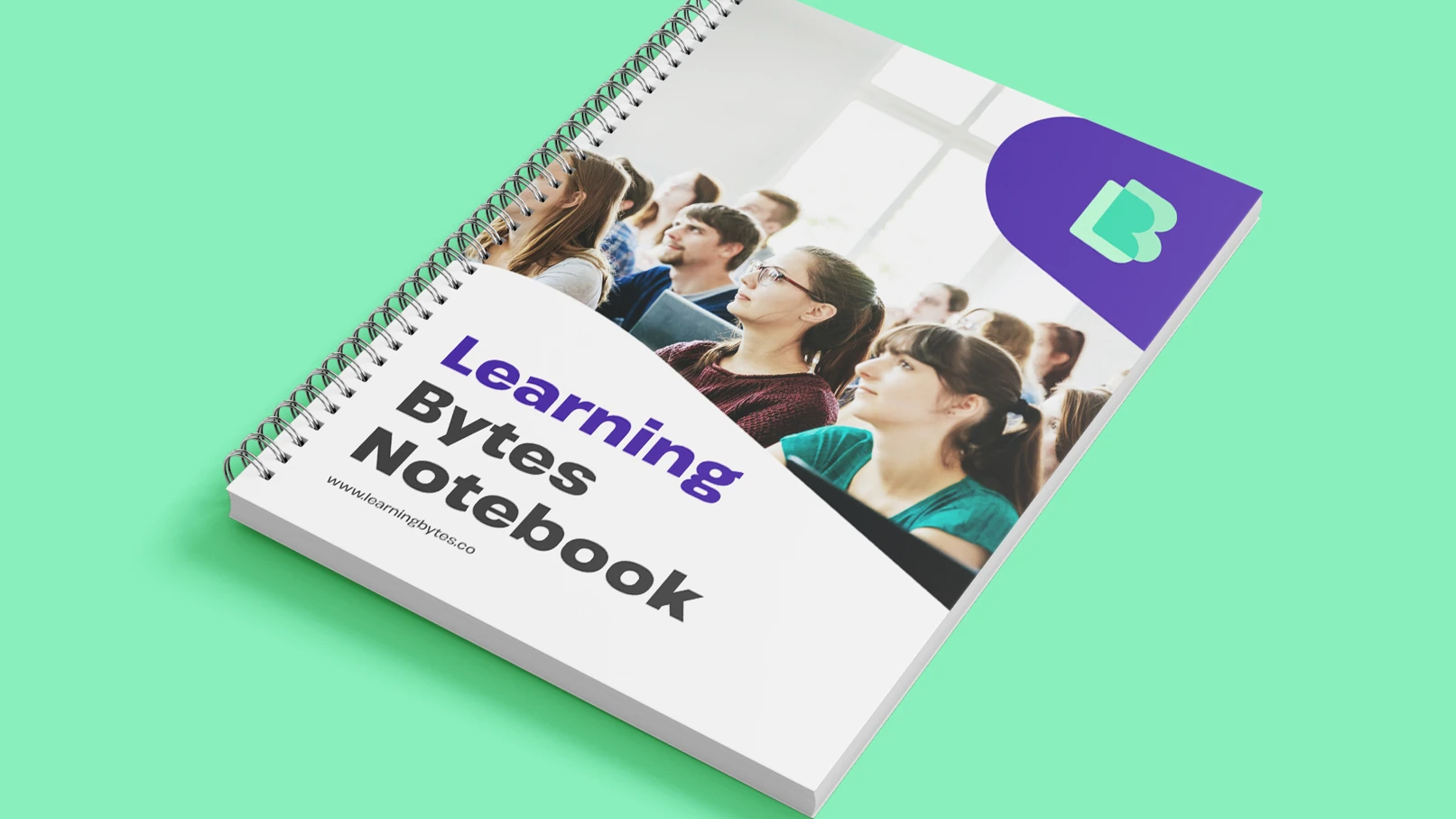 LearningBytes branded spiral notebook design with logo and photography