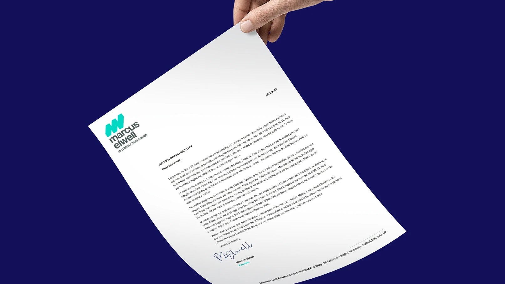 Marcus Elwell corporate letterhead design with executive coaching brand identity
