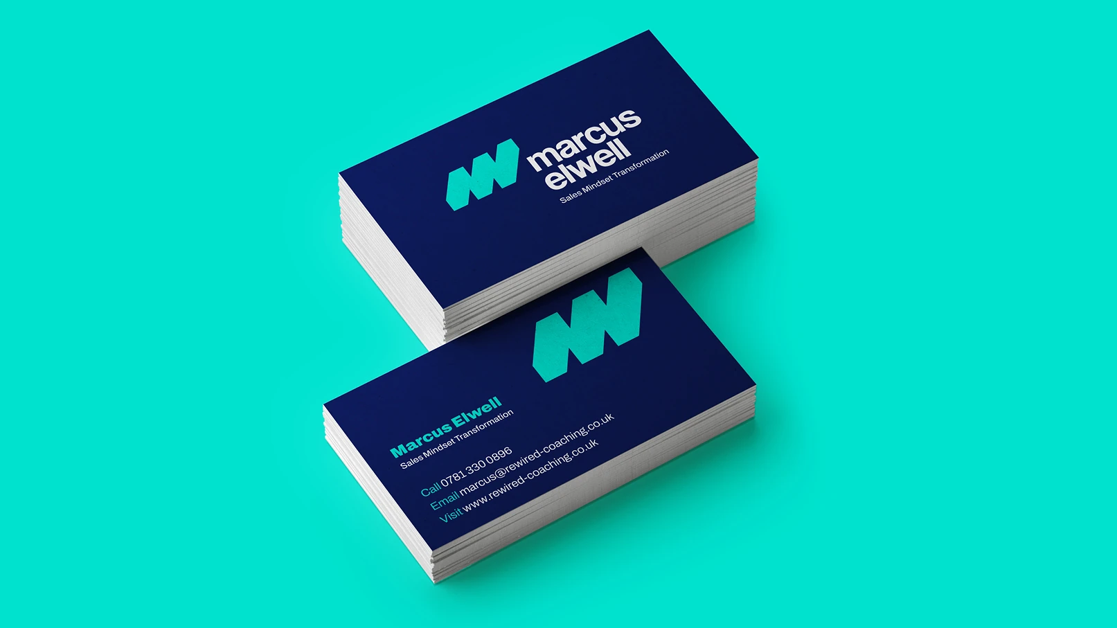 Marcus Elwell sales coaching business card design with bold M logo and navy brand palette