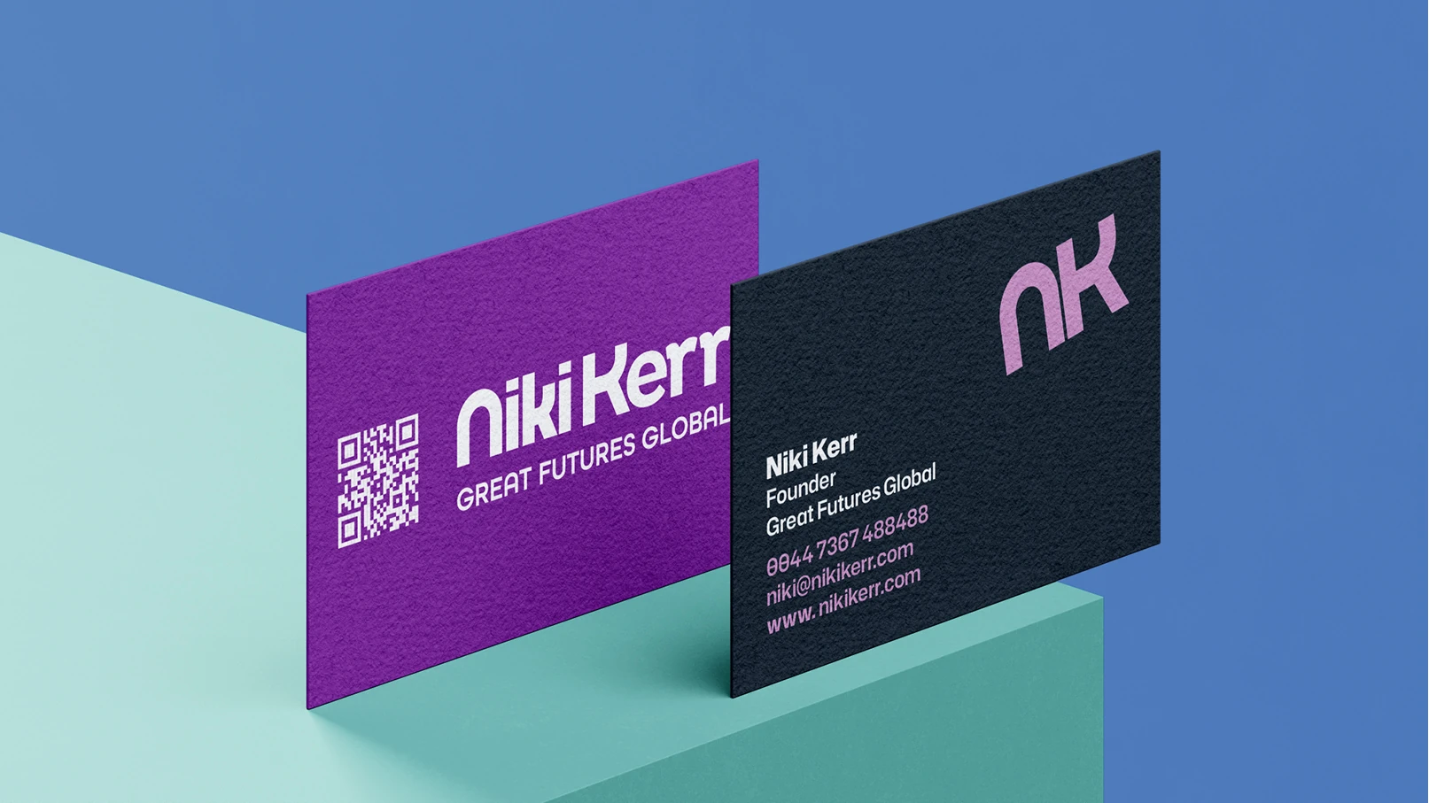 Niki Kerr business card design with QR code and brand colour system