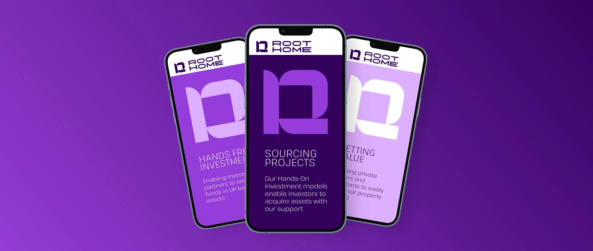 Root Home real estate investment branding displayed across three mobile screens highlighting sourcing projects and hands-free investment