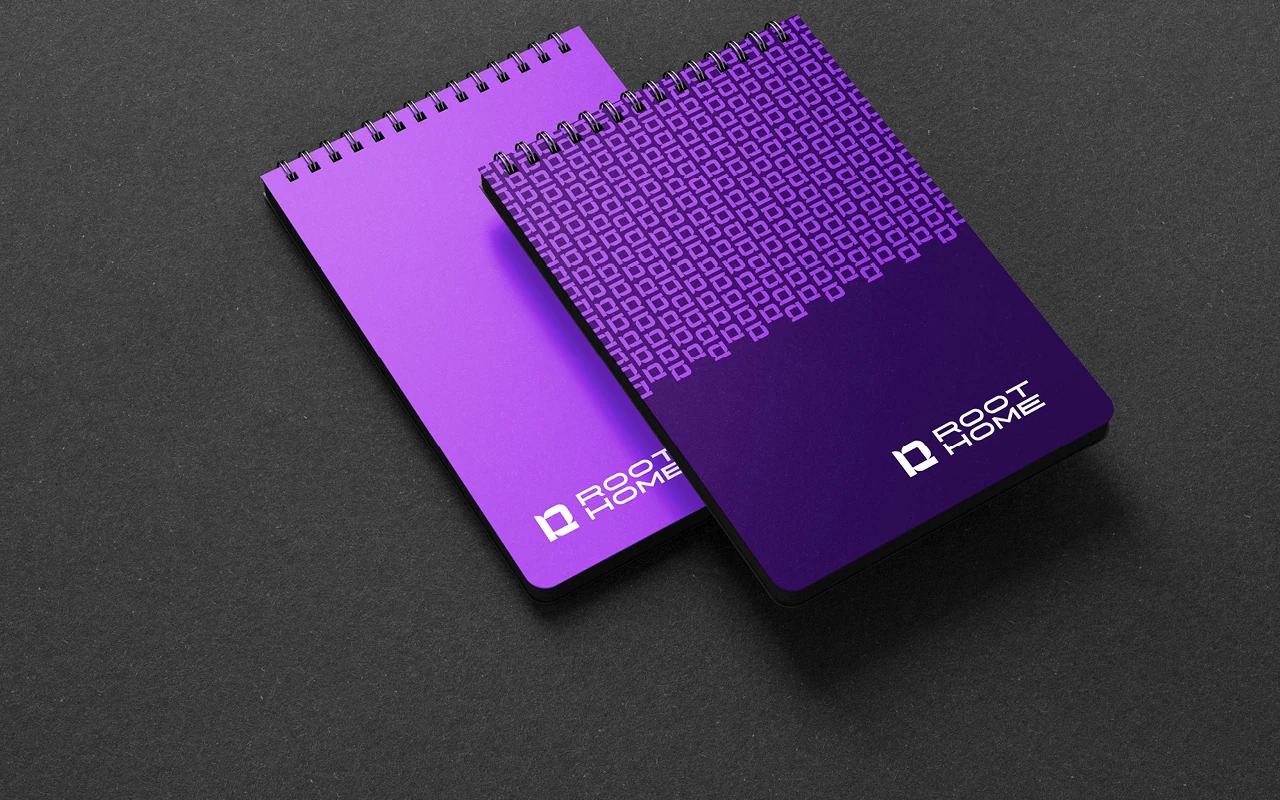 Root Home real estate investment branded notebooks in purple gradient design