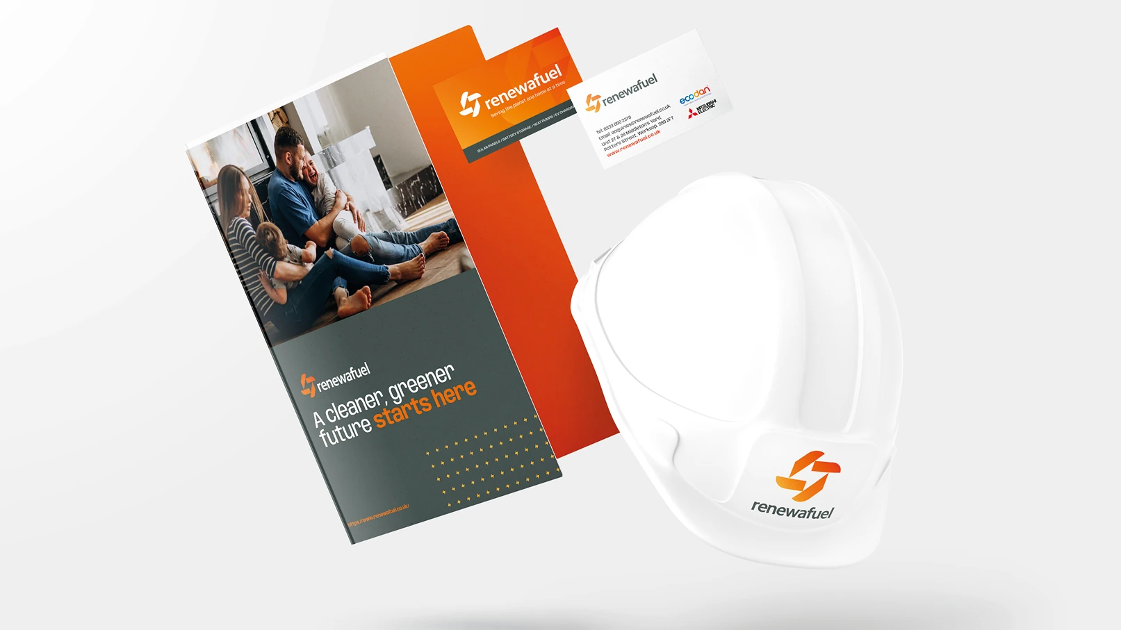 Renewafuel branded brochure, stationery and safety helmet with renewable energy logo