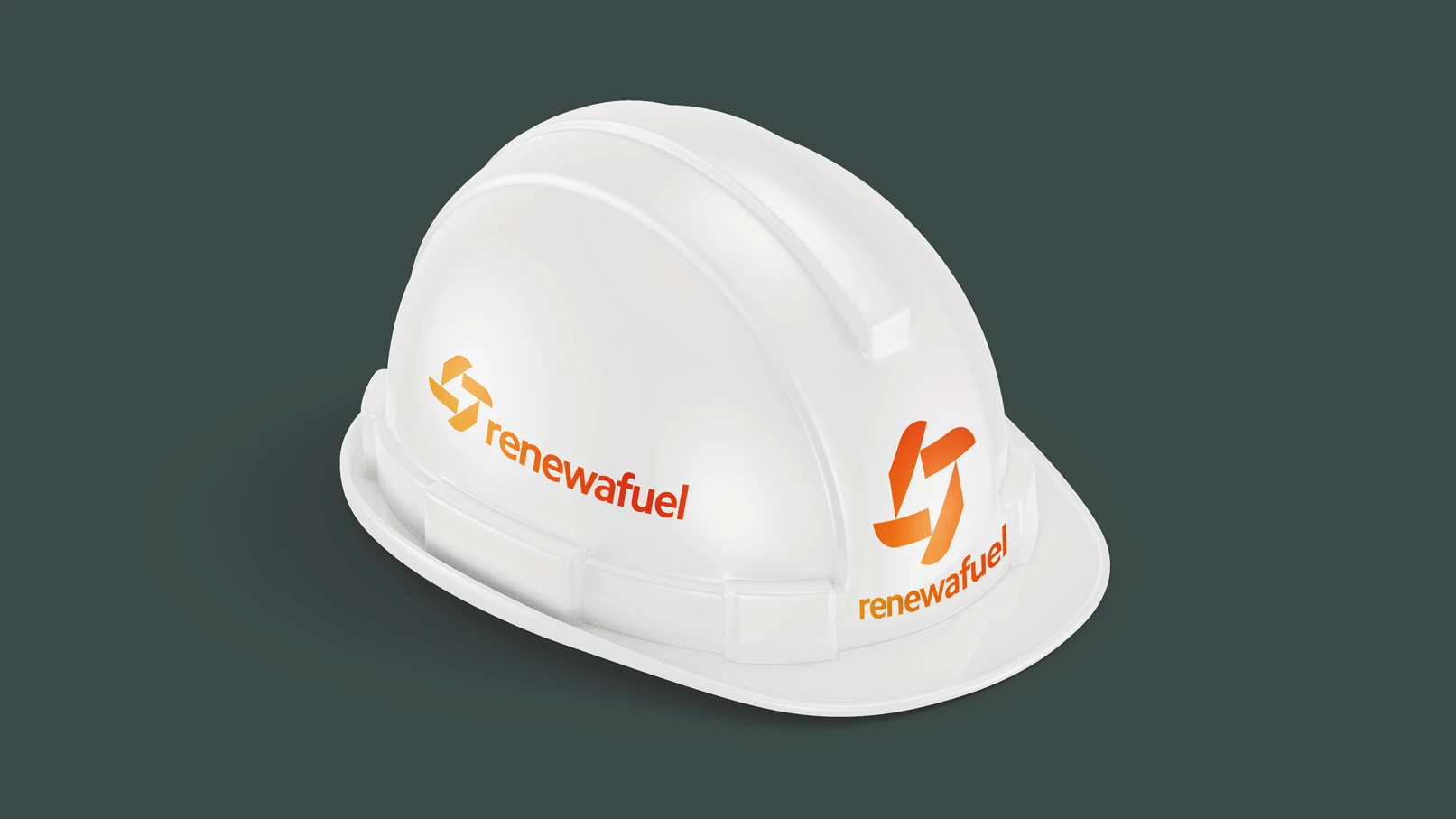 Renewafuel branded safety helmet with renewable energy company logo