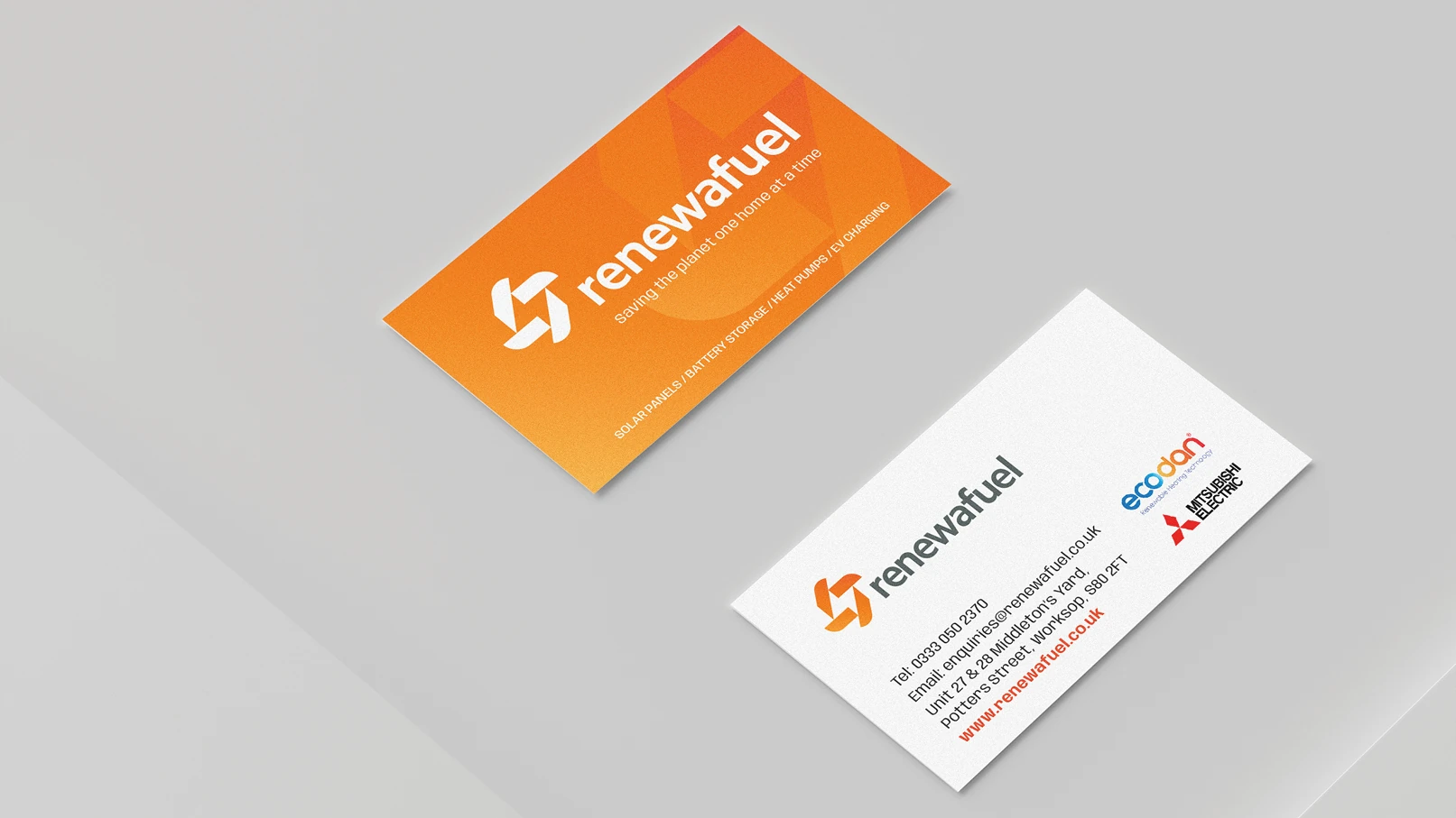 Renewafuel business card design with branded orange gradient and corporate details
