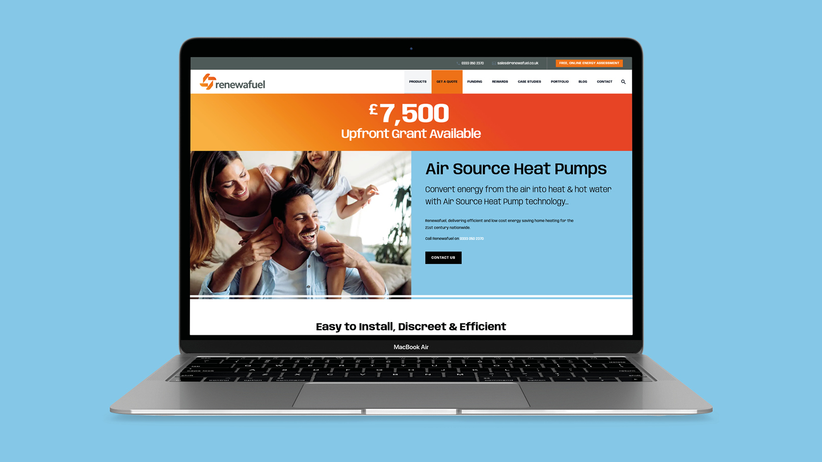 Renewafuel renewable energy website design showcasing air source heat pump branding and homepage layout