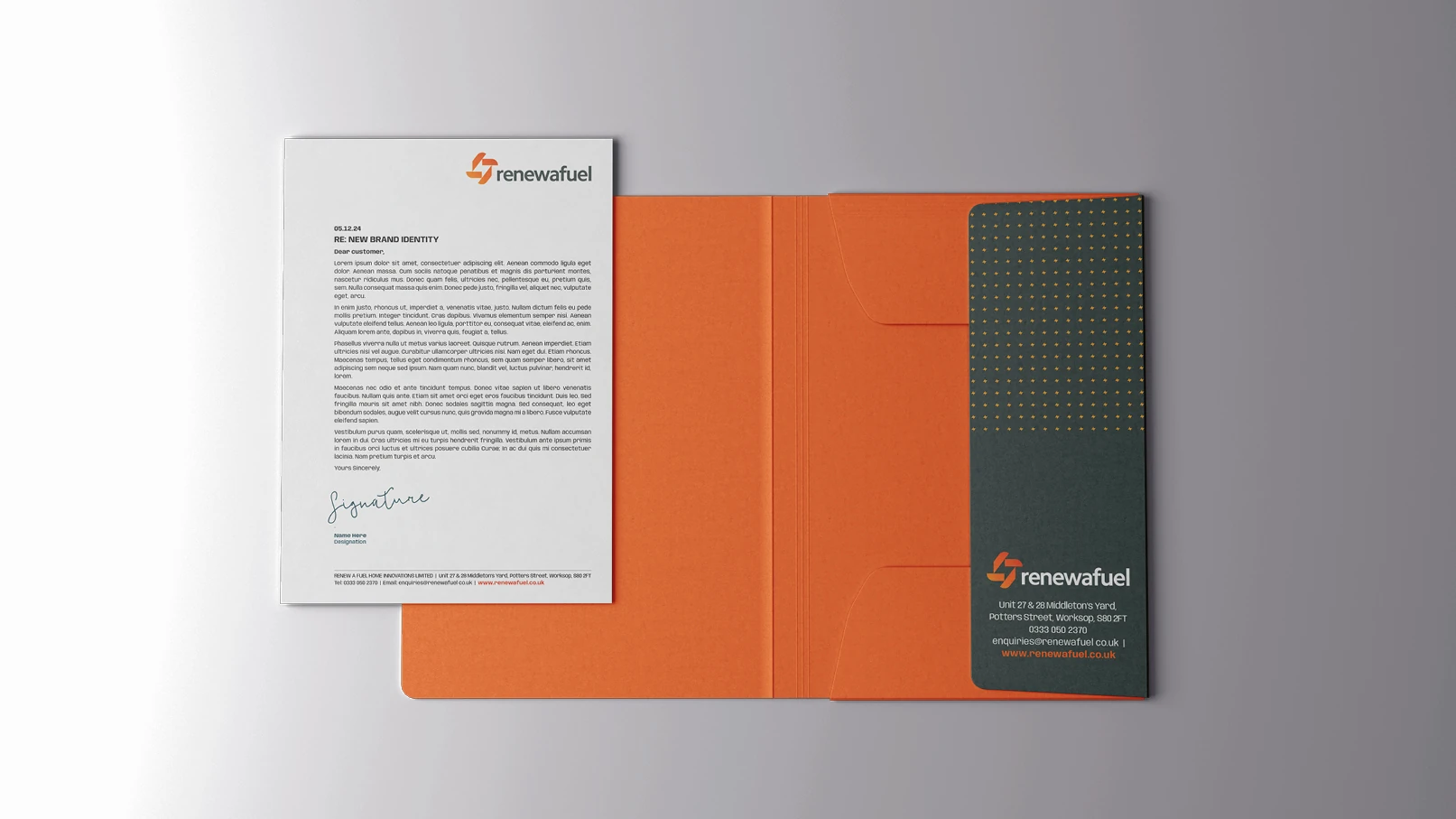 Renewafuel branded stationery and presentation folder design
