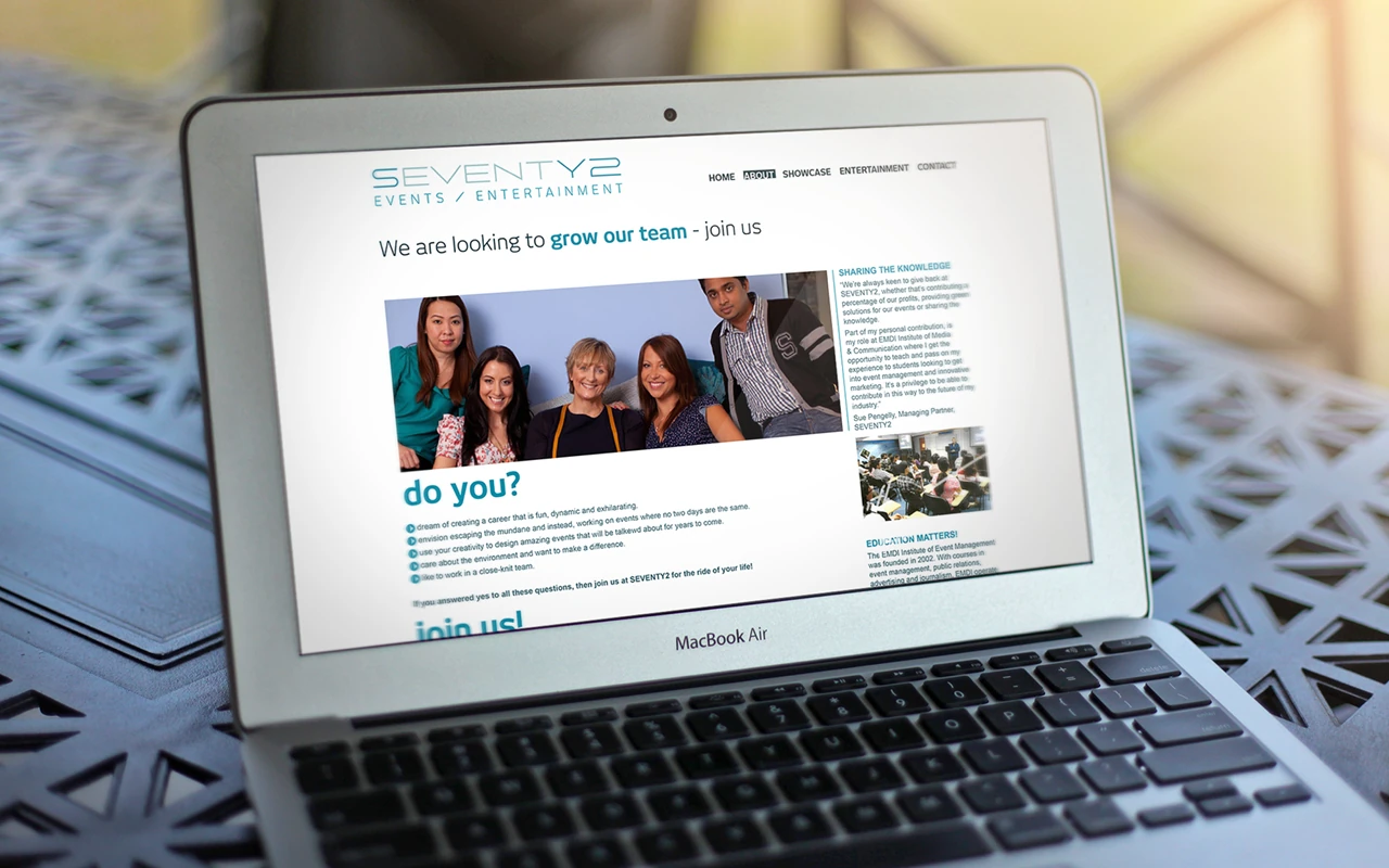 Seventy2 Events website “grow our team” careers page displayed on laptop as part of the brand and web design project.