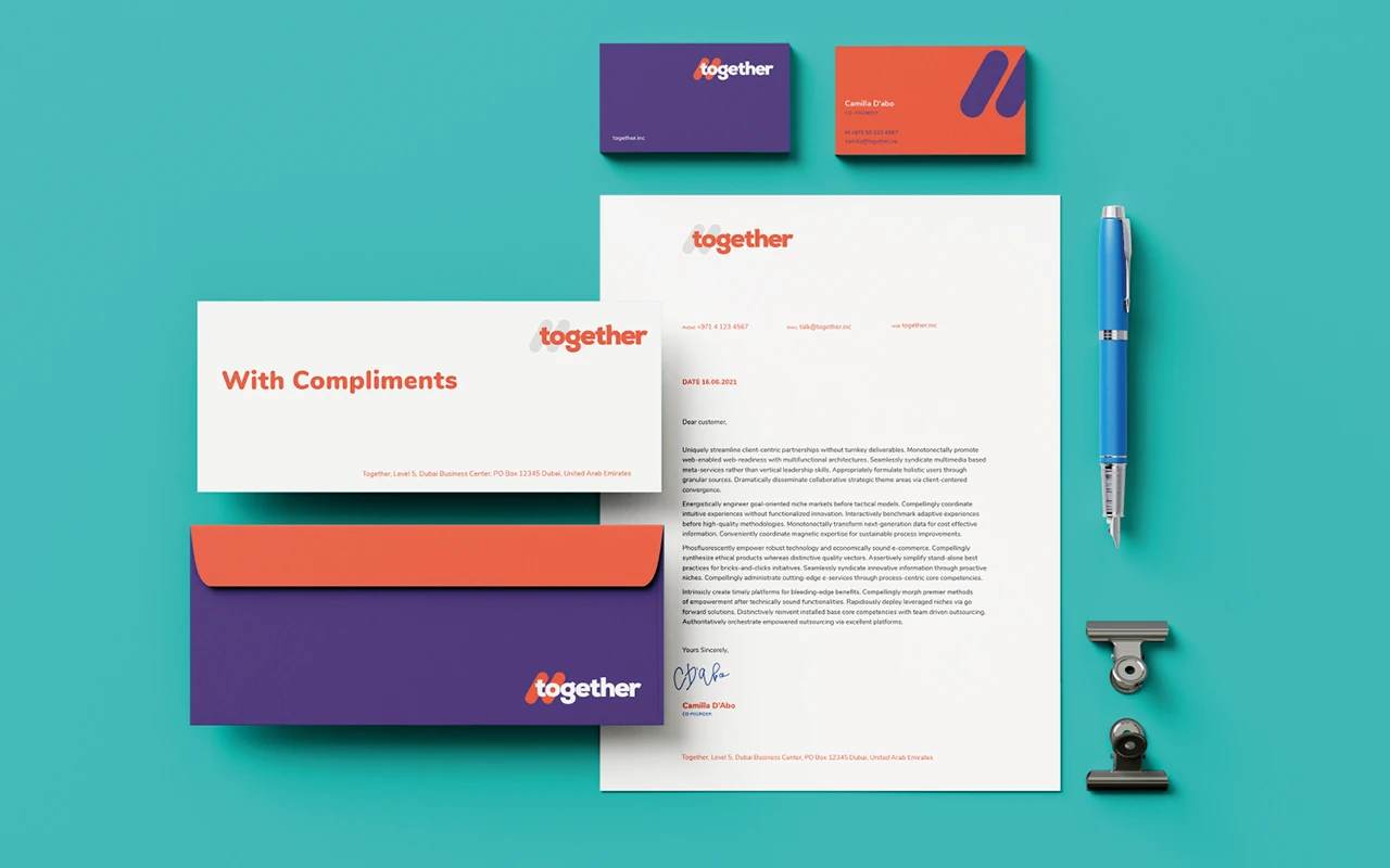 Together workplace culture consultancy branded letterhead, envelope and business cards