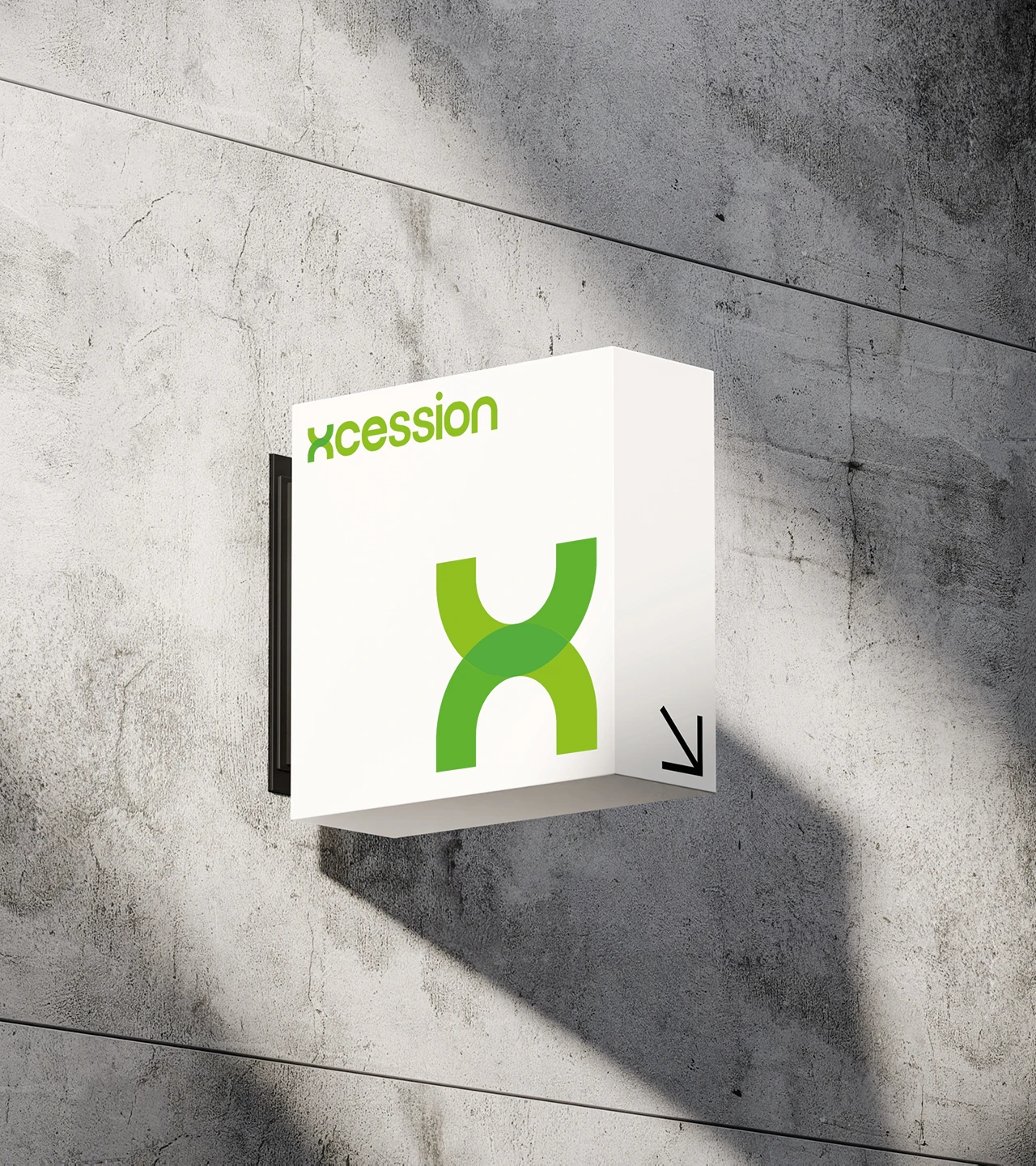 Modern exterior wall signage featuring Xcession logo and brand mark